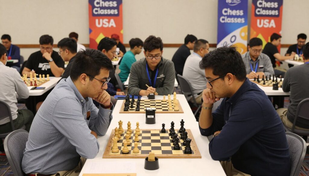A lively chess tournament scene in Utah, showcasing a diverse group of players focused on their matches. In the foreground, an intense match is taking place with two men in smart casual attire, deep in concentration at a wooden chessboard adorned with intricately designed pieces. The middle ground features spectators, some taking notes and others discussing strategies, reflecting the community's enthusiasm for chess. In the background, vibrant banners displaying "Chess Classes USA" hang from the walls of a well-lit hall filled with tables and chessboards. Soft, ambient lighting highlights the players' expressions, creating a dynamic, competitive atmosphere. A wide-angle lens captures the energy of the event, making the viewer feel immersed in the excitement of the tournament.