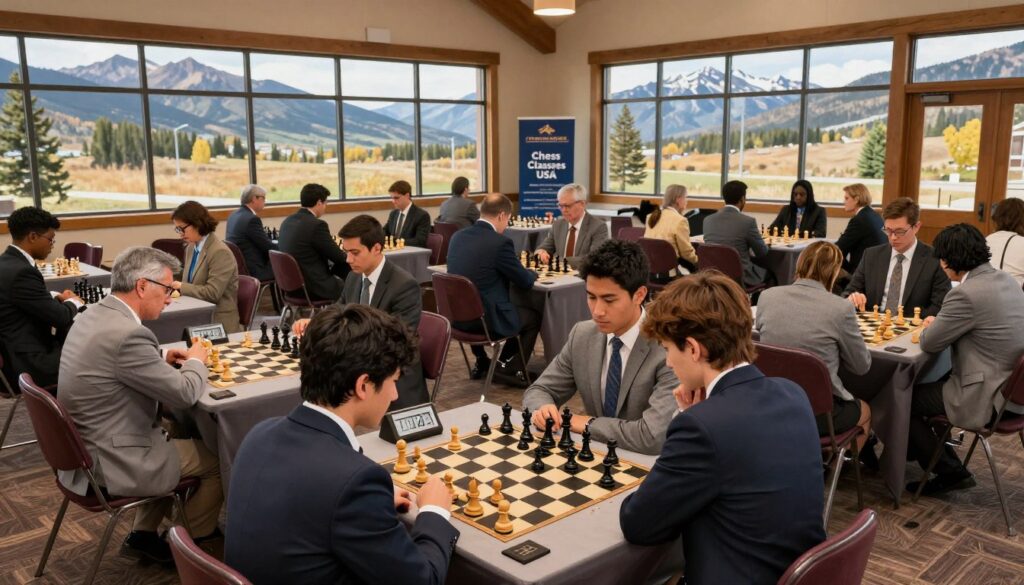 A lively chess tournament scene set in a spacious, well-lit venue located in Colorado, surrounded by majestic mountain views. In the foreground, a diverse group of participants, men and women in professional business attire, are intensely focused on their chess boards, showcasing strategical moves. The middle section features a large, elegantly arranged tournament setup, with rows of tables displaying chess boards and clocks. To the background, tall windows illuminate the hall, revealing a picturesque mountain landscape outside. Soft natural light casts warm tones, accentuating the concentration and anticipation in the air. Banners reading "Chess Classes USA" adorn the walls, enhancing the professional atmosphere. The overall mood reflects excitement and camaraderie as players prepare for their first rated tournament.