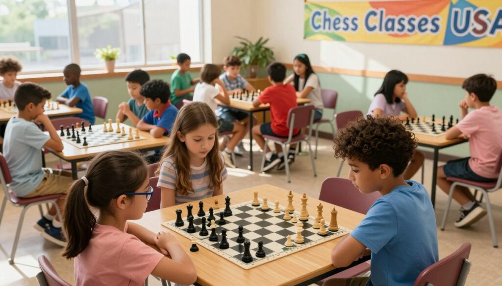 A lively kids chess tournament scene filled with enthusiasm and concentration, featuring diverse children aged 8 to 12 seated at wooden chess tables. In the foreground, a young girl with glasses and a boy with curly hair are deeply focused on their chessboards, highlighting intense strategic thinking. In the middle ground, small groups of children discuss moves and strategies, showcasing camaraderie and competitive spirit. The background is a cozy, bright community center with colorful banners reading "Chess Classes USA," creating a vibrant and inviting atmosphere. Soft, natural lighting streams in from large windows, casting gentle shadows, while a wide-angle perspective captures the action and energy of the tournament, emphasizing the excitement of transitioning to competitive play.
