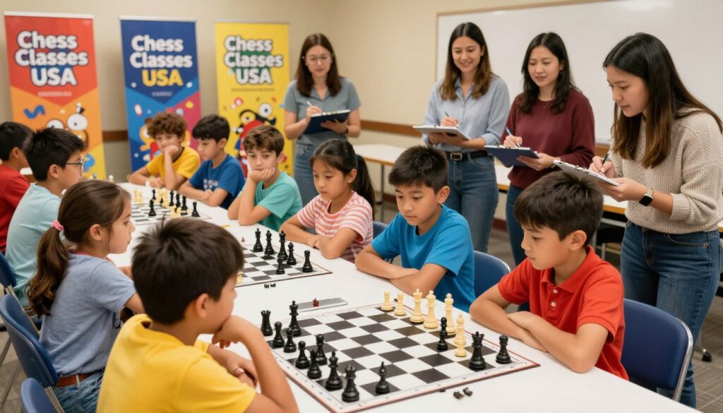 A lively kids' chess tournament scene, vibrant and engaging, set in a spacious community center. In the foreground, a diverse group of children aged 8 to 12, both boys and girls, are deeply focused on their chessboards, wearing colorful casual clothing. Their expressions showcase concentration and determination. In the middle ground, supportive parents dressed in modest casual attire are observing and cheering them on, some taking notes on a clipboard. The background reveals brightly colored banners and posters featuring "Chess Classes USA," enhancing the atmosphere of excitement and competition. Soft, warm lighting illuminates the scene, creating a welcoming and friendly vibe. The camera angle is slightly elevated, capturing the dynamic interaction between kids and parents while emphasizing the chessboards as the focal point of this engaging event.