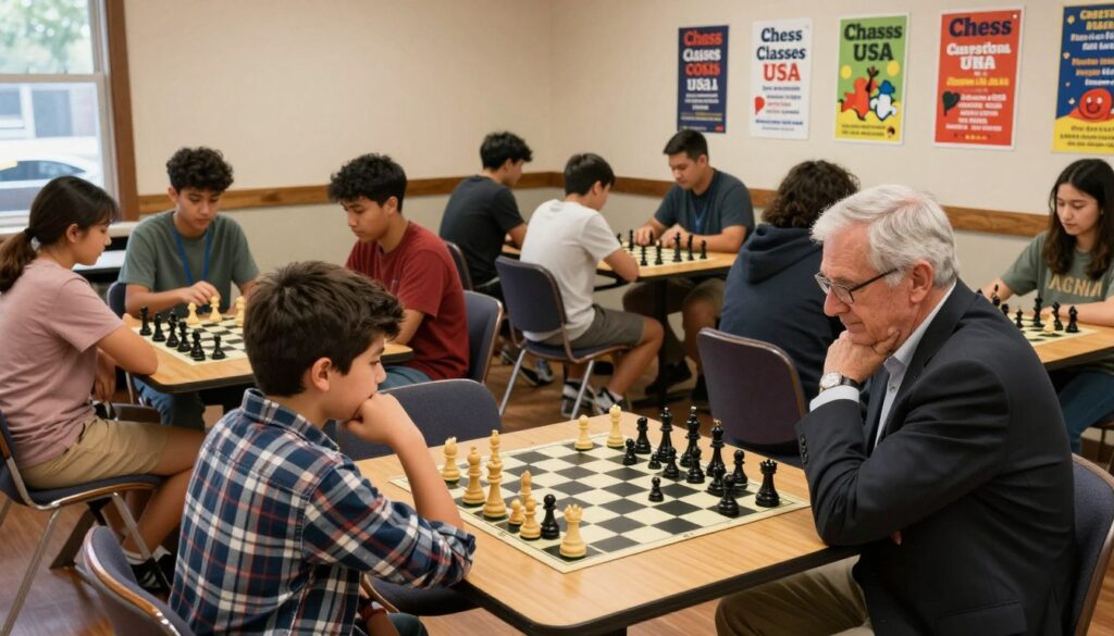 A lively local chess club scene in a cozy community center in New Jersey, showcasing players of various ages engaged in intense games. In the foreground, a young boy in a plaid shirt contemplates his next move against an older gentleman in a suit jacket, both seated at a wooden chess table. The middle of the scene features several groups of diverse players, including teenagers and adults, gathered around multiple chess tables, deep in concentration. Bright ambient lighting creates a warm and inviting atmosphere. In the background, a wall displays vibrant colorful posters promoting "Chess Classes USA" and upcoming events. The overall mood is focused yet friendly, highlighting the community spirit of local chess clubs. A lively local chess club scene in a cozy community center in New Jersey, showcasing players of various ages engaged in intense games. In the foreground, a young boy in a plaid shirt contemplates his next move against an older gentleman in a suit jacket, both seated at a wooden chess table. The middle of the scene features several groups of diverse players, including teenagers and adults, gathered around multiple chess tables, deep in concentration. Bright ambient lighting creates a warm and inviting atmosphere. In the background, a wall displays vibrant colorful posters promoting "Chess Classes USA" and upcoming events. The overall mood is focused yet friendly, highlighting the community spirit of local chess clubs.