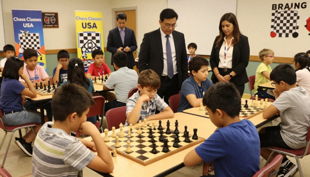 A lively scene depicting a child’s first chess tournament, set in a bright, spacious community center. In the foreground, a diverse group of children ages 8-12, focused and deeply engaged in their chess matches, wearing modest casual clothing as they contemplate moves on their wooden chessboards. The middle ground features parents, dressed in professional attire, offering encouragement and advice while standing close by. The background includes colorful banners promoting "Chess Classes USA" and various chess-themed decorations. The lighting is warm and inviting, creating an atmosphere of excitement and anticipation. The angle is slightly elevated, capturing both the intensity on the children's faces and the supportive environment fostered by their parents.