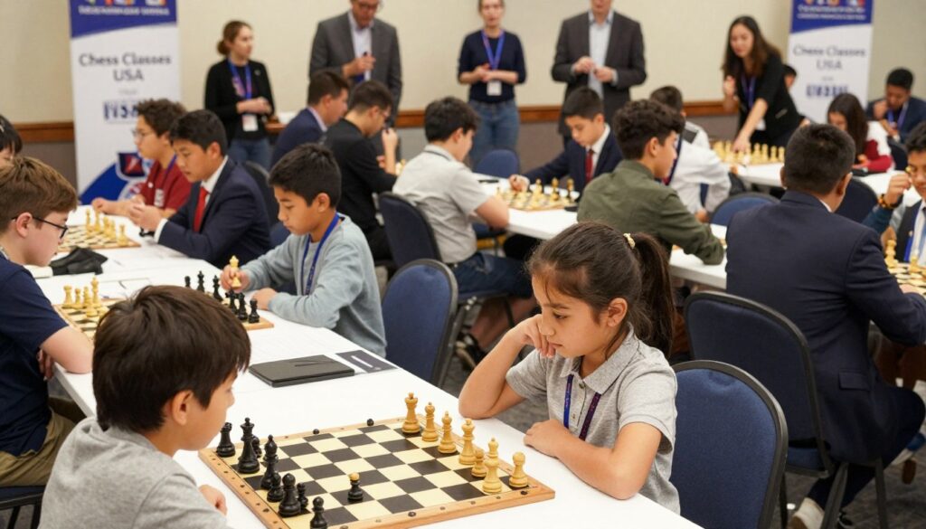 A lively scene depicting a first chess tournament, featuring a diverse group of children and adults, all dressed in smart business attire or modest casual clothing, gathered around chess tables. In the foreground, a young girl intensely focuses on her chessboard, her thoughtful expression illuminated by warm, natural light. In the middle ground, various tournament participants engage in competitive matches, showcasing strategic gameplay and concentration. The background reveals a bustling tournament hall filled with banners reading "Chess Classes USA" and spectators cheering, enhancing the dynamic atmosphere. The overall mood is one of excitement and determination, captured with a wide-angle lens to encompass the energy of the event. A lively scene depicting a first chess tournament, featuring a diverse group of children and adults, all dressed in smart business attire or modest casual clothing, gathered around chess tables. In the foreground, a young girl intensely focuses on her chessboard, her thoughtful expression illuminated by warm, natural light. In the middle ground, various tournament participants engage in competitive matches, showcasing strategic gameplay and concentration. The background reveals a bustling tournament hall filled with banners reading "Chess Classes USA" and spectators cheering, enhancing the dynamic atmosphere. The overall mood is one of excitement and determination, captured with a wide-angle lens to encompass the energy of the event.