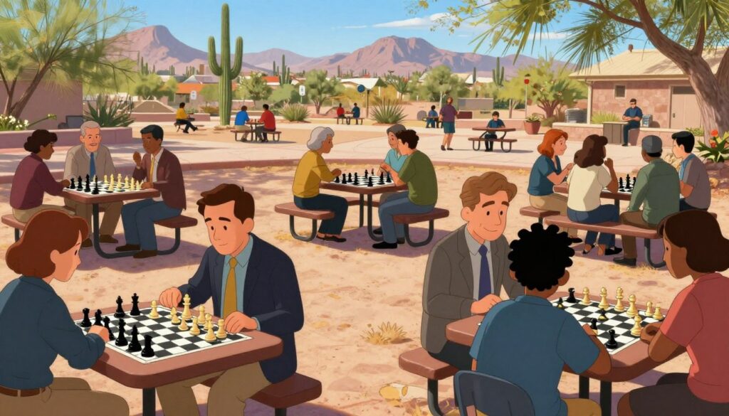 A lively scene depicting a vibrant chess community in Tucson, Arizona, under bright desert sunlight. In the foreground, a diverse group of enthusiastic players, including men and women of different ages, dressed in professional business attire and modest casual clothing, intensely focus on chessboards. In the middle, a large park picnic table hosts several chess matches, surrounded by spectators offering encouragement. The backdrop features desert landscapes with cacti and distant mountains, creating a warm, inviting atmosphere. The lighting is bright and natural, casting soft shadows and emphasizing the excitement of friendly competition. Capture the essence of community, learning, and strategy, incorporating the logo of "Chess Classes USA" subtly in the scene.
