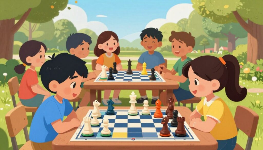 A lively scene depicting children engaging in fun chess activities, emphasizing the balance between competition and play. In the foreground, two kids, a boy in a bright blue T-shirt and a girl in a cheerful yellow blouse, are intensely focused on a colorful chessboard, surrounded by whimsical chess pieces that feature playful designs. In the middle ground, a group of friends is gathered around a large outdoor table, some holding giant chess pieces while others are laughing and encouraging each other. The background reveals a sunny park setting with green trees and a clear blue sky, enhancing the cheerful atmosphere. Soft afternoon lighting casts gentle shadows, giving a warm and inviting feel to the scene. The image should embody the spirit of creativity and learning, with the Chess Classes USA logo subtly integrated into the chessboard design without appearing intrusive.