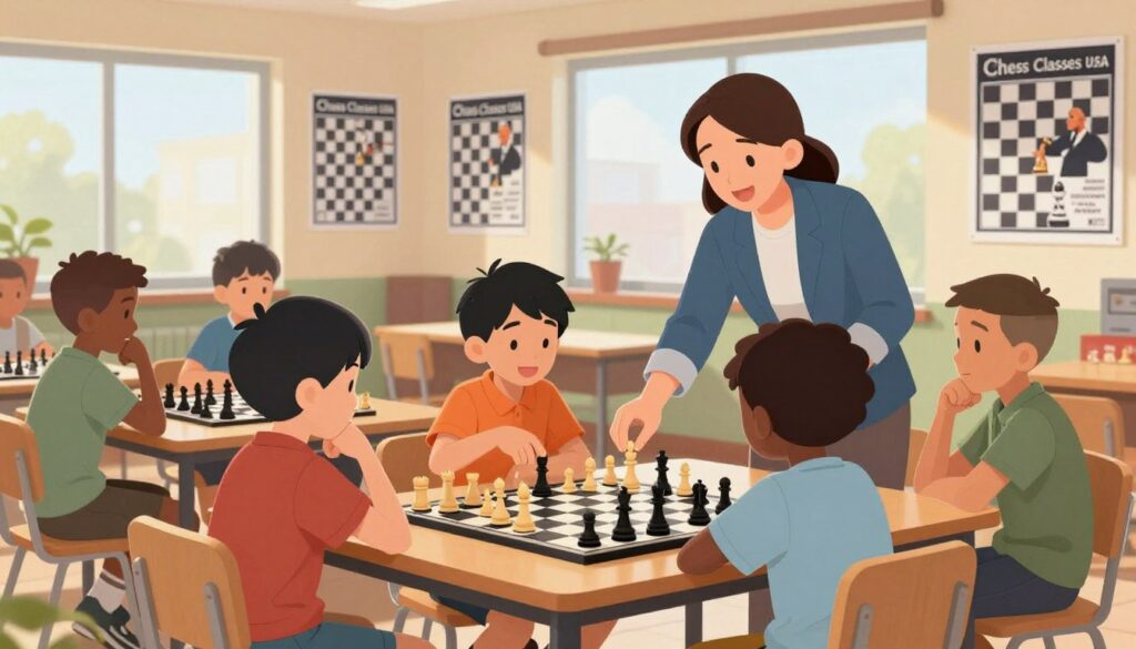 A lively scene depicting youth chess development unfolds in a bright classroom setting. In the foreground, a diverse group of enthusiastic children, dressed in casual yet modest clothing, engage in a chess match, intently focused on the chessboard, showcasing their strategic moves. A friendly instructor, also in smart casual attire, offers guidance and encouragement. In the middle ground, various chess posters adorn the walls, highlighting famous chess figures and game strategies. The background features large windows that let in warm, natural light, creating an inviting atmosphere. The overall mood is one of camaraderie and learning, emphasizing the joy of scholastic chess. The logo "Chess Classes USA" subtly appears on a poster, reinforcing the program's branding.