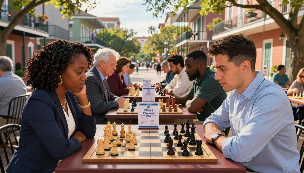 A lively scene of competitive chess taking place in a beautifully lit Louisiana area, showcasing a vibrant tournament atmosphere. In the foreground, two diverse players, a Black woman in professional attire and a Hispanic man in a smart casual outfit, intensely focus on their chessboards, their expressions reflecting deep concentration and strategy. The middle ground features several spectators, all dressed in professional or modest casual clothing, eagerly observing the match. The backdrop reveals a charming New Orleans street adorned with historic architecture, colorful buildings, and lush greenery, bathed in warm afternoon sunlight. The overall mood is one of excitement and determination, symbolizing the spirit of competitive chess in Louisiana. Include elements that represent "Chess Classes USA," like flyers or banners subtly placed in the setting to maintain relevance. A lively scene of competitive chess taking place in a beautifully lit Louisiana area, showcasing a vibrant tournament atmosphere. In the foreground, two diverse players, a Black woman in professional attire and a Hispanic man in a smart casual outfit, intensely focus on their chessboards, their expressions reflecting deep concentration and strategy. The middle ground features several spectators, all dressed in professional or modest casual clothing, eagerly observing the match. The backdrop reveals a charming New Orleans street adorned with historic architecture, colorful buildings, and lush greenery, bathed in warm afternoon sunlight. The overall mood is one of excitement and determination, symbolizing the spirit of competitive chess in Louisiana. Include elements that represent "Chess Classes USA," like flyers or banners subtly placed in the setting to maintain relevance.