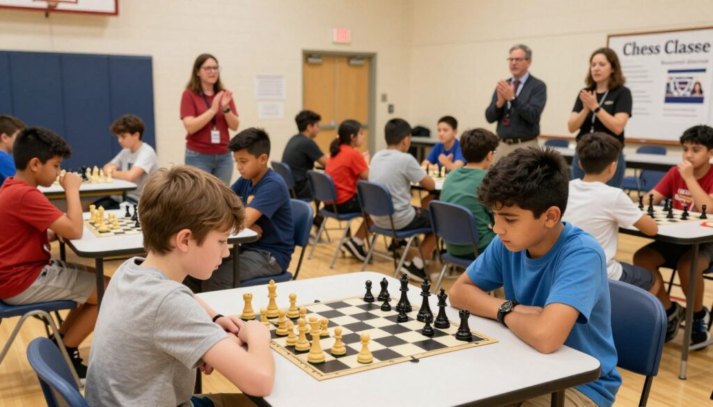 A lively scholastic chess tournament scene, showcasing a diverse group of children engaged in their games. In the foreground, two focused players, one Caucasian and one Hispanic, in modest casual clothing, intensely study the chessboard. In the middle ground, additional students seated at tables adorned with chess boards and pieces, surrounded by lighthearted yet serious expressions. The background features supportive parents and coaches, clapping and encouraging. Bright overhead lighting with a warm ambiance creates a welcoming atmosphere. The setting is a school gymnasium with banners and posters for "Chess Classes USA" subtly displayed. The angle captures the excitement and concentration of the day, reflecting the vibrant energy of a tournament experience.