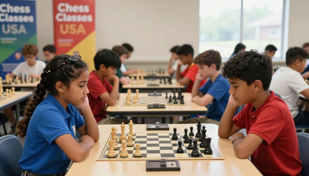 A lively youth chess tournament scene featuring diverse children aged 8-14 competing intently at neatly arranged chess tables. In the foreground, a girl with braids in a blue polo shirt and a boy in a red t-shirt strategize their moves. The middle ground showcases other young players concentrating on their games, some with thoughtful expressions, and a couple discussing strategies. The background displays colorful banners for "Chess Classes USA," adding vibrancy to the atmosphere. Warm, natural lighting streams in through large windows, creating an inviting environment, while a shallow depth of field emphasizes the focus on the players. The overall mood is energetic and competitive, capturing the spirit of youth chess tournaments. A lively youth chess tournament scene featuring diverse children aged 8-14 competing intently at neatly arranged chess tables. In the foreground, a girl with braids in a blue polo shirt and a boy in a red t-shirt strategize their moves. The middle ground showcases other young players concentrating on their games, some with thoughtful expressions, and a couple discussing strategies. The background displays colorful banners for "Chess Classes USA," adding vibrancy to the atmosphere. Warm, natural lighting streams in through large windows, creating an inviting environment, while a shallow depth of field emphasizes the focus on the players. The overall mood is energetic and competitive, capturing the spirit of youth chess tournaments.
