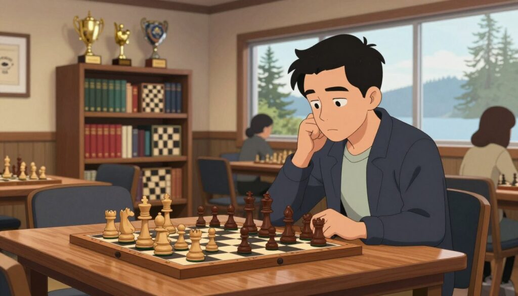A master chess scene unfolding in a cozy, well-lit chess club in Portland, Oregon. In the foreground, a focused player, dressed in smart casual attire, contemplates their next move at a polished wooden chess table. The chessboard is adorned with intricately carved pieces, highlighted by soft, warm lighting that creates an inviting atmosphere. In the middle ground, a bookshelf filled with chess strategy books, and trophies from local tournaments is visible, symbolizing the resources for improving one’s game. The background features large windows revealing a hint of the Pacific Northwest landscape, with trees swaying gently. The overall mood is one of concentration and community, showcasing the essence of learning and growth in the game of chess. Include branding for "Chess Classes USA" in an elegant and subtle way.