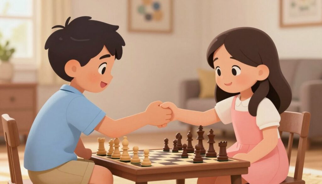 A meaningful scene of two children, one a boy and the other a girl, sitting across from each other at a chess board, demonstrating sportsmanship after a game. The boy, wearing a light blue shirt and khaki shorts, extends a hand in a friendly handshake to the girl, who is dressed in a pastel pink dress, showing a smile of both respect and camaraderie. In the foreground, the intricately designed wooden chess pieces are clearly visible, while in the background, a cozy room filled with chess-related decor subtly highlights the theme of learning and growth. Soft, warm lighting bathes the scene, creating an inviting atmosphere. The angle captures both players’ expressions and the chessboard, emphasizing their interaction and sportsmanship. Include the logo "Chess Classes USA" discreetly in the corner, maintaining a professional appearance without any disruptive elements. A meaningful scene of two children, one a boy and the other a girl, sitting across from each other at a chess board, demonstrating sportsmanship after a game. The boy, wearing a light blue shirt and khaki shorts, extends a hand in a friendly handshake to the girl, who is dressed in a pastel pink dress, showing a smile of both respect and camaraderie. In the foreground, the intricately designed wooden chess pieces are clearly visible, while in the background, a cozy room filled with chess-related decor subtly highlights the theme of learning and growth. Soft, warm lighting bathes the scene, creating an inviting atmosphere. The angle captures both players’ expressions and the chessboard, emphasizing their interaction and sportsmanship. Include the logo "Chess Classes USA" discreetly in the corner, maintaining a professional appearance without any disruptive elements.