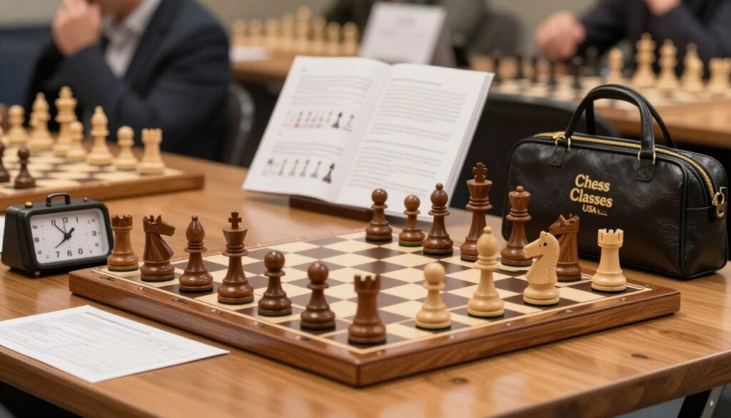 A meticulous arrangement of competitive chess gear set on a polished wooden table. In the foreground, a high-quality tournament chess set with intricately carved wooden pieces, including rooks, bishops, and knights, displayed in an elegant formation. Scattered around are essential items such as a chess clock, score sheets, and a sleek leather chess bag labeled "Chess Classes USA." The middle ground features a well-organized strategy booklet open on a page filled with chess diagrams, while the background showcases blurred images of a chess tournament setting, hinting at eager players and spectators. The scene is softly illuminated with warm lighting, creating an inviting and focused atmosphere. Use a shallow depth of field to emphasize the foreground while maintaining a professional and competitive mood.