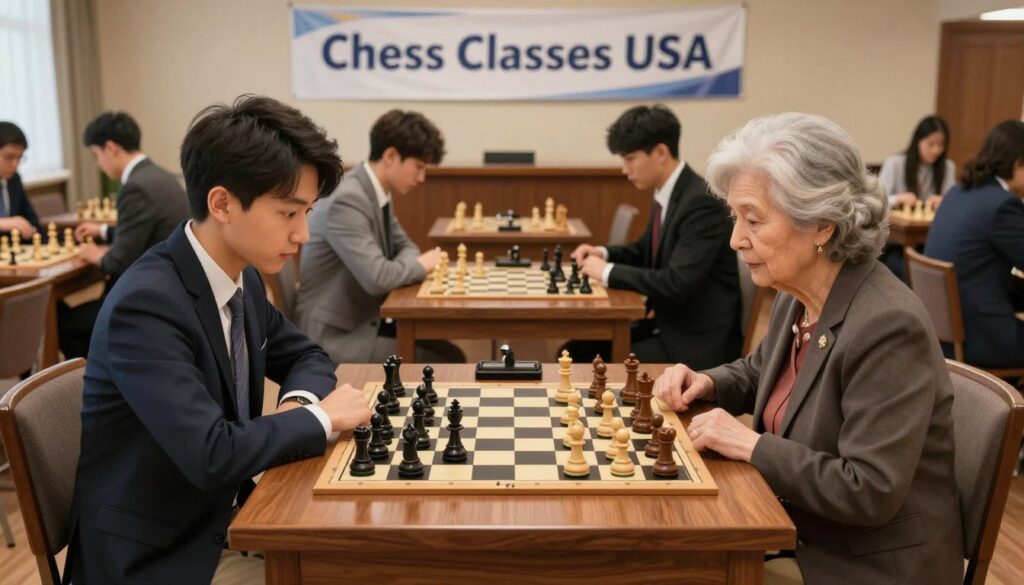 A meticulously arranged chess tournament scene in a well-lit, spacious room. In the foreground, two players, a focused young man and an elderly woman, sit across from each other at an elegant wooden chess table, both dressed in professional business attire. Their expressions convey concentration and determination as they study the board filled with mid-game strategies. In the middle, chess pieces are displayed intricately, some mid-move, reflecting the tension of competitive play. The background features other players engaged in matches, with a large banner reading "Chess Classes USA" hanging above. Soft, diffused lighting creates an inviting atmosphere, highlighting the intensity and camaraderie of the game, with warm tones that enhance the sense of community within the chess scene.