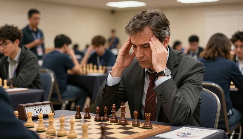 A middle-aged man in professional attire sits at a chess table, looking contemplative after a tough tournament match, with hands gently rubbing his temples. In the foreground, the chessboard is scattered with pieces, emphasizing the recent game’s intensity. A chess clock, showing a time of 5:00, is visible, hinting at the pressure of the tournament. In the middle ground, a backdrop of a crowded tournament hall filled with other players and parents, showcasing a mix of focused expressions and animated discussions. Soft overhead lighting casts a warm glow, enhancing the tense yet hopeful atmosphere. The scene conveys the struggle of managing emotions in competitive chess, reflecting themes of resilience and support. The logo "Chess Classes USA" subtly integrated into the image, reinforcing the context of chess education.