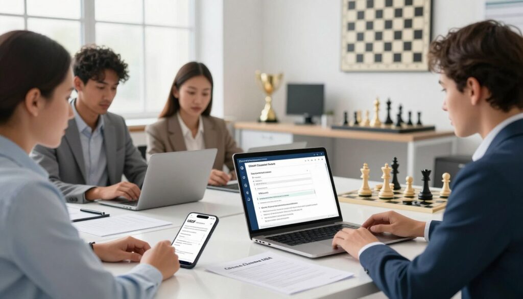 A modern and professional office setting illustrating the USCF ID registration process. In the foreground, a diverse group of three individuals in business attire—one man and two women—are engaged with a laptop on a sleek desk, filled with chess-related paperwork and a smartphone displaying the USCF website. In the middle, a close-up of a tablet showcasing a registration form with fields like name, email, and membership type, alongside a checklist for necessary documents. The background features a bright window allowing natural light to flood the room, illuminating chess trophies and a wall-mounted chessboard. The atmosphere is focused and collaborative, conveying a sense of organization and professionalism. Highlight the brand name "Chess Classes USA" subtly on the desk items.