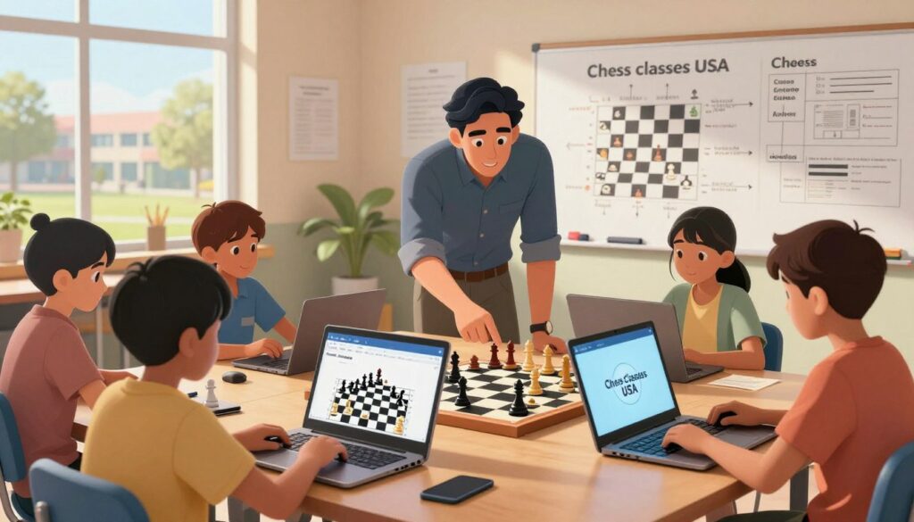 A modern classroom scene illustrating digital chess training at "Chess Classes USA". In the foreground, a diverse group of students, ranging in age from 10 to 15, sit at sleek laptops, focused on an interactive chess software that displays a vivid 3D chessboard with animated pieces in motion. In the middle ground, a dedicated coach, wearing smart casual attire, leans over to offer guidance, pointing at the screen with an encouraging expression. The background shows a whiteboard filled with chess strategies and diagrams, illuminated by soft, warm lighting that creates an inviting atmosphere. A large window offers a glimpse of green school grounds outside, enhancing the sense of learning and collaboration among young chess enthusiasts.