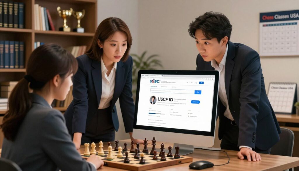 A modern, inviting workspace showcasing a desktop computer with an open web browser displaying the USCF ID search page. In the foreground, a chess board with pieces arranged strategically, suggesting gameplay in progress. The middle features a professional man and woman, dressed in smart business attire, leaning towards the computer screen, engaged in a focused discussion on finding chess player profiles. Soft, ambient lighting creates a warm atmosphere, highlighting their expressions of curiosity and determination. In the background, a neatly organized bookshelf filled with chess books and trophies, emphasizing a culture of chess excellence. The logo "Chess Classes USA" is subtly visible on a nearby calendar, reinforcing the brand's commitment to chess education.