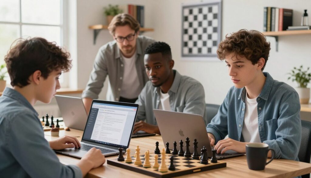 A modern online chess training session, featuring a diverse group of three individuals—two adults and one teenager—sitting at laptops in a well-lit home office environment. The foreground shows a close-up of a chessboard on the screen, with pieces in mid-game. In the middle ground, the participants are engaged in focused discussion, wearing business casual attire. The background features shelves with chess books and a motivational poster of chess strategies. Soft, natural light streams through a window, creating a warm atmosphere. The scene conveys an engaging, educational ambiance, emphasizing the role of technology in enhancing chess skills. Include the brand name "Chess Classes USA" subtly on the laptops or chess app interface.