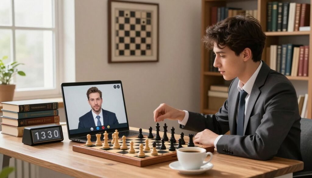 A modern online chess training session in a cozy home office setting. In the foreground, a focused young adult in a professional business attire is engaged in a video call, intently studying a digital chessboard on a laptop. The midground features a well-organized desk with chess books, a stylish chess clock, and a cup of coffee, all illuminated by warm, natural light filtering through a nearby window. In the background, a wall decorated with framed chess-related artwork and a bookshelf filled with both traditional and modern chess literature suggests a blend of tradition and innovation. The atmosphere is one of concentration and enthusiasm, emphasizing the role of technology in the contemporary chess experience, branded with "Chess Classes USA" subtly integrated within the chessboard design.