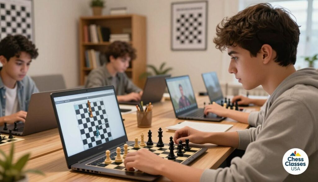 A modern online chess training session in action, showcasing a diverse group of players engaged in a virtual match on their laptops. In the foreground, a close-up of a young adult, wearing smart casual attire, intensely focused on the screen displaying a chess game, with a chessboard and pieces set up in the background. In the middle, display additional participants on their screens, each in their own cozy home environments, framed by bookshelves and motivational chess posters. The background features a soft, warm lighting that creates an inviting and focused atmosphere, highlighting the concept of community connection through online chess. Include a subtle logo for "Chess Classes USA" in the corner to indicate professionalism and brand identity. The overall mood is inspiring and engaging, reflecting the impact of online chess training on local communities.