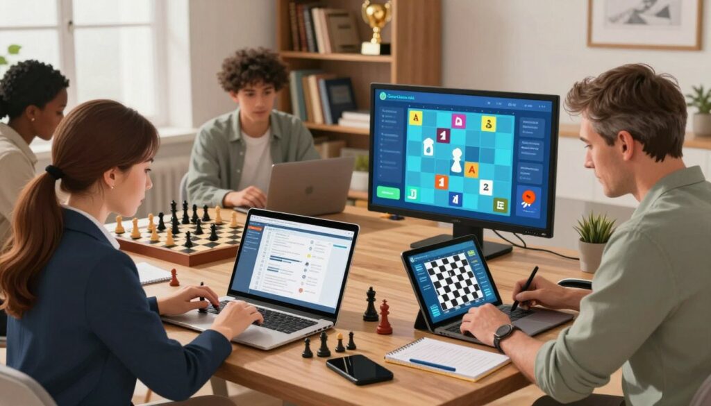 A modern online chess training session in progress, featuring a diverse group of individuals engaging via laptops and tablets in a well-lit, cozy home environment. In the foreground, a focused young woman in professional attire studies chess strategies on her screen, while a middle-aged man in casual clothing captures his game notes beside a chess board. In the middle ground, a stylish virtual chess interface displays symbols and moves, with colorful graphics reflecting engagement and learning. The background shows a bookshelf filled with chess literature and tournaments trophies, adding depth. Diffused lighting creates a warm, inviting atmosphere, emphasizing the transformative impact of technology on local chess culture. The scene is enhanced by the logo “Chess Classes USA” subtly integrated on the digital interface.