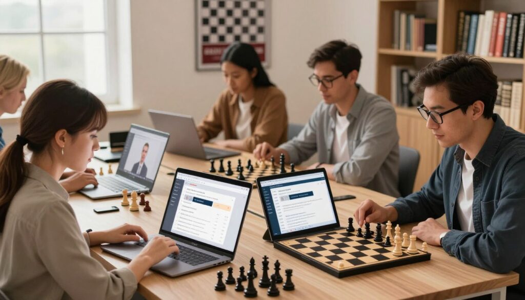 A modern online chess training session, showcasing a diverse group of individuals engaged in chess on their laptops and tablets. In the foreground, a focused young adult woman in business casual attire analyzes a chess game on her screen, while a middle-aged man with glasses observes his board, both illuminated by soft, natural light from a nearby window. In the middle ground, a collage of chess boards and digital devices display various online platforms, reflecting engagement and learning. The background features motivational chess posters, a bookshelf with chess-related literature, and a warm, inviting atmosphere created by ambient lighting. The scene embodies dedication and collaboration in learning chess. Include the brand name "Chess Classes USA" subtly in the digital interface. A modern online chess training session, showcasing a diverse group of individuals engaged in chess on their laptops and tablets. In the foreground, a focused young adult woman in business casual attire analyzes a chess game on her screen, while a middle-aged man with glasses observes his board, both illuminated by soft, natural light from a nearby window. In the middle ground, a collage of chess boards and digital devices display various online platforms, reflecting engagement and learning. The background features motivational chess posters, a bookshelf with chess-related literature, and a warm, inviting atmosphere created by ambient lighting. The scene embodies dedication and collaboration in learning chess. Include the brand name "Chess Classes USA" subtly in the digital interface.