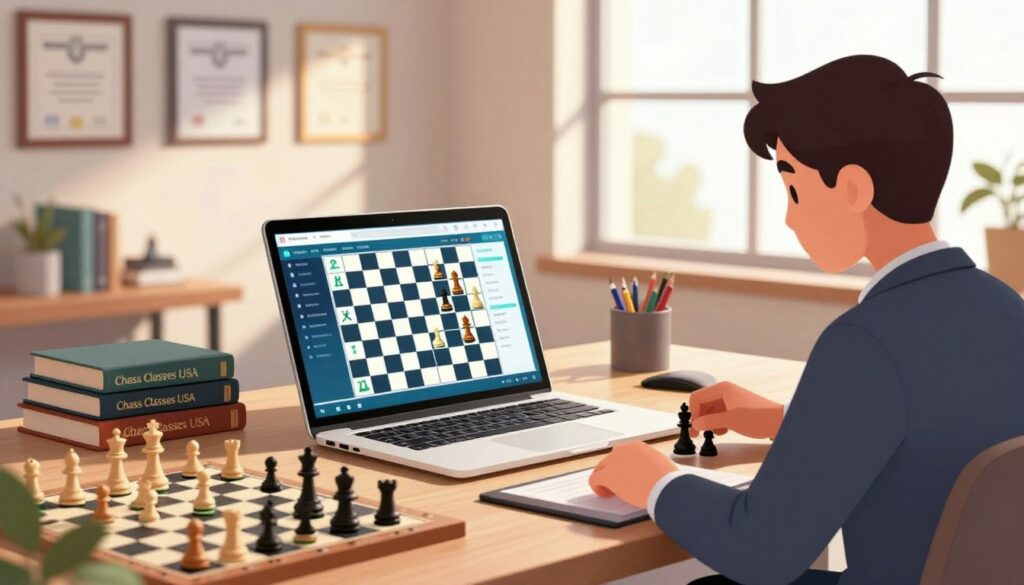 A modern, visually appealing workspace featuring a sleek laptop displaying a vibrant chess interface, symbolizing online chess training. In the foreground, a focused individual in professional attire studies chess strategies on the screen, with a chess board set beside them showcasing mid-game progress. The middle ground includes motivational chess books stacked neatly, emphasizing self-improvement. In the background, a wall adorned with framed chess certificates and a large window letting in warm sunlight creates an inviting atmosphere. The image captures a balance of technology and tradition, reflecting the modern approach to chess learning. Soft, natural lighting enhances the sense of focus and dedication, aiming to inspire aspiring chess players. Incorporate the brand name "Chess Classes USA" subtly into the workspace design without prominence. A modern, visually appealing workspace featuring a sleek laptop displaying a vibrant chess interface, symbolizing online chess training. In the foreground, a focused individual in professional attire studies chess strategies on the screen, with a chess board set beside them showcasing mid-game progress. The middle ground includes motivational chess books stacked neatly, emphasizing self-improvement. In the background, a wall adorned with framed chess certificates and a large window letting in warm sunlight creates an inviting atmosphere. The image captures a balance of technology and tradition, reflecting the modern approach to chess learning. Soft, natural lighting enhances the sense of focus and dedication, aiming to inspire aspiring chess players. Incorporate the brand name "Chess Classes USA" subtly into the workspace design without prominence.