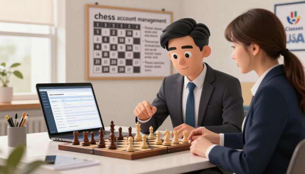 A modern workspace featuring a sleek desk adorned with a high-quality chessboard and pieces, symbolizing "chess account management." In the foreground, a well-dressed professional man and woman, both wearing smart business attire, are engaged in discussion, analyzing a laptop screen displaying account details in a user-friendly interface. The mid-ground showcases a wall-mounted bulletin board with important chess tournament dates and inspirational quotes related to strategic thinking. The background features a window with soft natural light streaming in, creating a warm and inviting atmosphere. The overall mood is focused and professional, reflecting dedication to chess and effective account management. Include the logo of "Chess Classes USA" subtly in the corner.