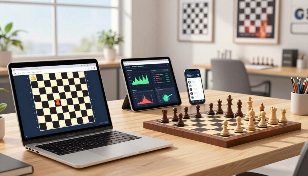 A modern workspace scene showcasing various online chess tools and software. In the foreground, a sleek laptop with a vibrant chess interface open, displaying a partially played game with highlighted moves. Beside it, an elegant chess board with pieces strategically positioned, symbolizing traditional play. In the middle, a tablet and smartphone displaying chess analysis apps, with intricate graphs and suggested strategies. In the background, a bright, well-lit office with motivational chess posters and a large window letting in natural light for a warm, inviting atmosphere. The overall mood should be focused and inspiring, encouraging chess improvement. Chess Classes USA logo subtly featured on the laptop screen, emphasizing the modern approach to learning chess. A modern workspace scene showcasing various online chess tools and software. In the foreground, a sleek laptop with a vibrant chess interface open, displaying a partially played game with highlighted moves. Beside it, an elegant chess board with pieces strategically positioned, symbolizing traditional play. In the middle, a tablet and smartphone displaying chess analysis apps, with intricate graphs and suggested strategies. In the background, a bright, well-lit office with motivational chess posters and a large window letting in natural light for a warm, inviting atmosphere. The overall mood should be focused and inspiring, encouraging chess improvement. Chess Classes USA logo subtly featured on the laptop screen, emphasizing the modern approach to learning chess.