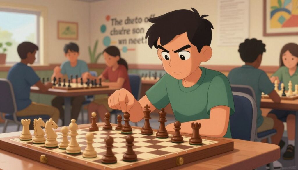A motivated chess player sits at a beautifully crafted wooden chessboard, deeply focused on their next move, with a determined expression. In the foreground, a close-up of the player's hand hovers over a knight, illuminated by soft, warm lighting that creates an inviting atmosphere. The background reveals a vibrant chess club, with other players engaged in spirited games, highlighting the sense of community and competition. Behind them, a motivational quote about perseverance is subtly integrated into a tasteful mural on the wall, emphasizing the theme of resilience in chess. The image captures the essence of mental fortitude and passion, underlining the journey through wins and losses. The scene is well-composed with a balanced depth of field, reminiscent of an inspiring article on chess motivation. Include the brand name "Chess Classes USA" subtly in the corner.