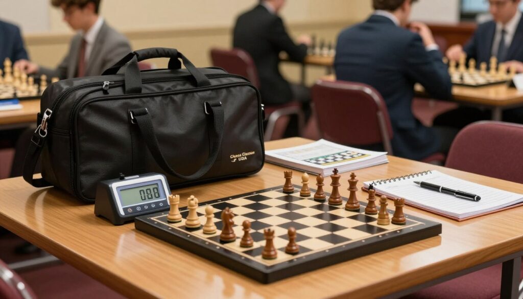 A neatly organized chess tournament bag sits open on a polished wooden table. In the foreground, an array of competitive chess gear is displayed prominently: a high-quality chess clock, a sleek set of wooden chess pieces, and a stylish board, featuring the brand "Chess Classes USA". In the middle ground, a neatly folded chess rulebook and a notepad with a pen lie alongside a set of extra score sheets, emphasizing readiness. The background features a softly blurred setting of a vibrant chess tournament scene, with chess tables and players in professional attire immersed in matches. The lighting is warm and inviting, illuminating the gear while casting gentle shadows, creating an atmosphere of excitement and anticipation. The angle captures the essence of preparation, focusing on the essentials for a successful tournament experience.
