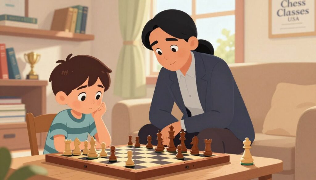 A nurturing scene depicting a child and a parent engaged in a chess game indoors, set in a cozy, sunlit living room. In the foreground, the child, a young boy wearing a casual yet tidy outfit, thoughtfully contemplates his next chess move, a look of determination on his face. The chessboard is vibrant, with wooden pieces that gleam slightly in the warm light. In the middle, the parent, dressed in professional business attire, is leaning forward attentively, offering encouragement and support. In the background, shelves filled with books on chess strategy and a small trophy from a chess tournament signify an environment rich in learning and growth. Bright natural light filters through a window, adding an uplifting atmosphere. The overall mood is one of resilience and optimism, showcasing the importance of practice in building confidence. The brand name "Chess Classes USA" subtly featured on a poster on the wall. A nurturing scene depicting a child and a parent engaged in a chess game indoors, set in a cozy, sunlit living room. In the foreground, the child, a young boy wearing a casual yet tidy outfit, thoughtfully contemplates his next chess move, a look of determination on his face. The chessboard is vibrant, with wooden pieces that gleam slightly in the warm light. In the middle, the parent, dressed in professional business attire, is leaning forward attentively, offering encouragement and support. In the background, shelves filled with books on chess strategy and a small trophy from a chess tournament signify an environment rich in learning and growth. Bright natural light filters through a window, adding an uplifting atmosphere. The overall mood is one of resilience and optimism, showcasing the importance of practice in building confidence. The brand name "Chess Classes USA" subtly featured on a poster on the wall.