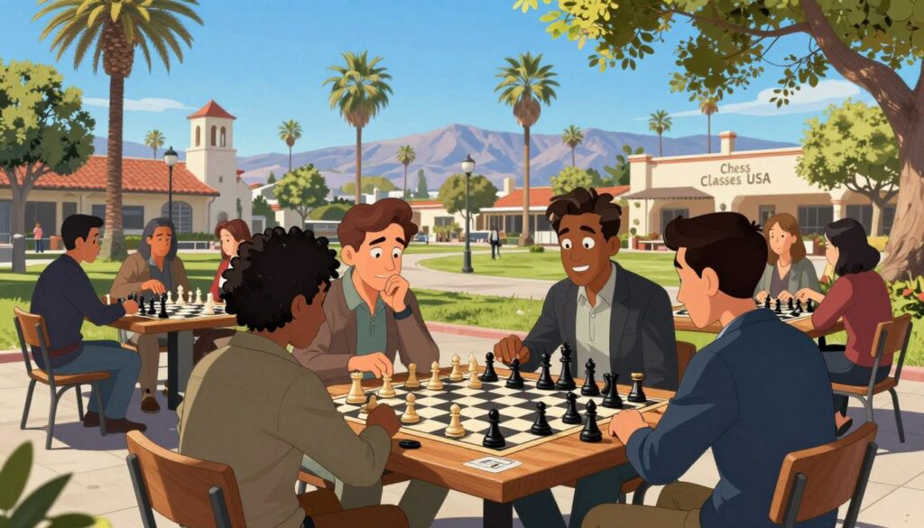 A picturesque outdoor chess scene in California, showcasing a vibrant park with palm trees swaying in the gentle breeze. In the foreground, a diverse group of players, dressed in neat casual and professional attire, are intensely engaged in a game of chess on a large wooden table adorned with an elegant chessboard. The players' expressions reflect deep concentration, surrounded by spectators sharing tips, excitement, and friendship. In the middle ground, bright California sunlight filters through the leaves, casting dynamic shadows on the ground. The background features iconic California architecture and distant mountains under a clear blue sky, enhancing the atmosphere of leisure and intellectual competition. The mood is lively yet relaxed, capturing the essence of "Chess Classes USA" and the modern growth of California's chess scene.