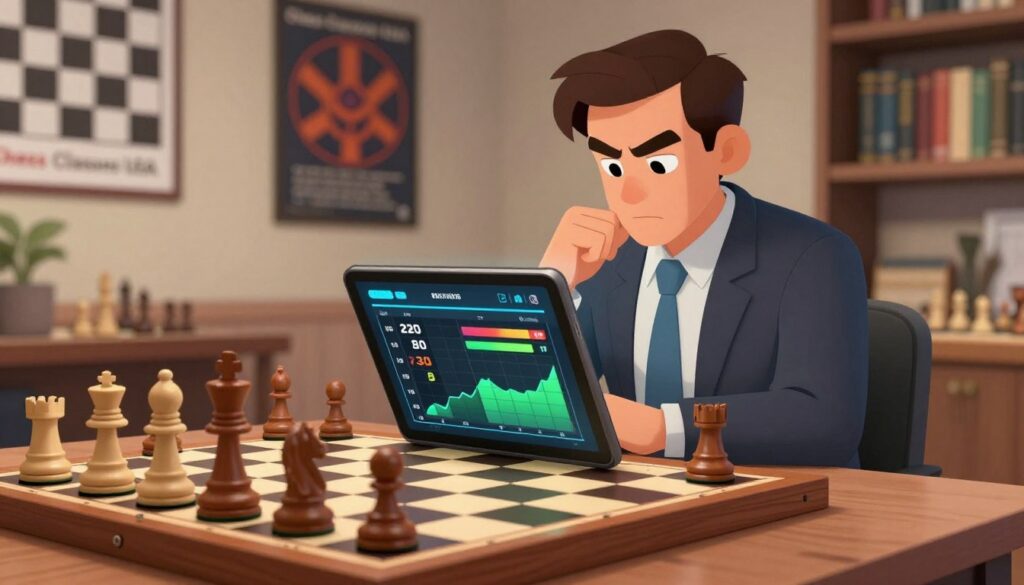 A polished, visually engaging chess scene depicting a digital display of a chess rating. In the foreground, a sleek digital tablet showcases a prominent chess rating with clearly defined numbers and graphs, reflecting the analytical aspect of chess performance. In the middle ground, a professional-looking chess player, dressed in business attire, studies the tablet intently, their expression a mix of focus and determination. Surrounding them is a modern chessboard setup with beautifully crafted wooden pieces, symbolizing tradition. The background features a softly lit room with motivational chess posters and bookshelves, creating an atmosphere of intellectual pursuit. The overall mood is one of aspiration and professionalism, embodying the world of competitive chess. Include a subtle logo for "Chess Classes USA" in the scene, integrating it seamlessly into the design.