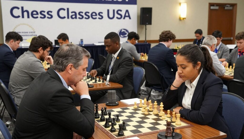 A prestigious Pennsylvania State Chess Championship scene, with several diverse chess players intensely focused on their games. In the foreground, a middle-aged man in a classic black suit and a young woman in a smart blazer are deep in thought, surrounded by chess pieces on polished wooden tables. The middle ground features multiple chessboards with players engaged in strategic play, showcasing a variety of chess styles and techniques. In the background, a large banner reads “Chess Classes USA” prominently displayed, along with elegant decorations typical of a state championship venue. The atmosphere is vibrant and competitive, illuminated by soft, warm lighting to reflect a sense of seriousness and dedication. The angle is slightly elevated to capture the essence of the tournament, filling the scene with energy and prestige.