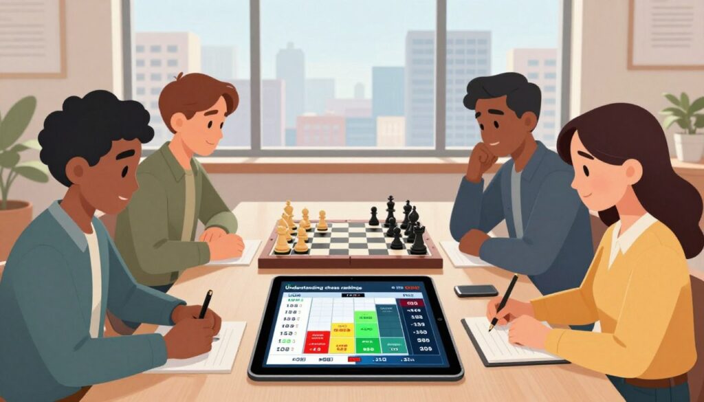 A professional and engaging scene depicting the concept of "Understanding chess rankings." In the foreground, a diverse group of three individuals—two men and one woman—are seated at a stylish conference table, analyzing chess ratings with focused expressions. They are dressed in business casual attire. On the table, a large digital tablet displays a visually striking comparison of USCF and FIDE ratings, incorporating colorful graphs and numerical data. In the middle background, a chessboard with pieces arranged in an intricate position symbolizes strategy. The ambiance is bright and optimistic, with soft, natural lighting creating a positive learning environment. Through a large window in the back, a cityscape shines, hinting at progress and opportunity. This image is branded subtly with “Chess Classes USA” integrated into the design.