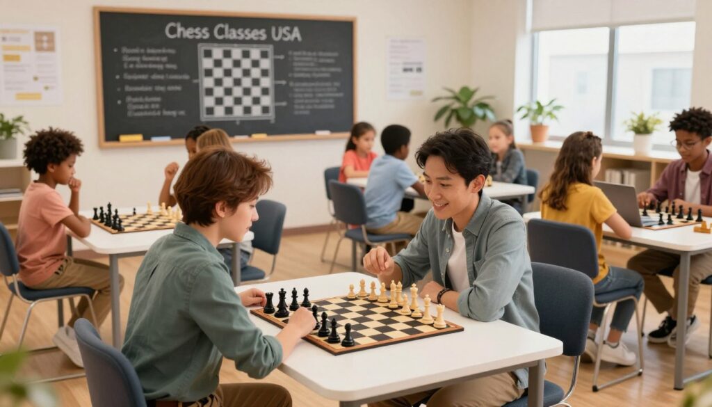 A professional and inviting scene in a bright, modern office showcasing a diverse group of friendly chess coaches from "Chess Classes USA." The foreground features two coaches, a man and a woman, discussing chess strategies over a chessboard, both dressed in smart casual attire. The middle background includes a large chalkboard with chess diagrams and strategies illustrated, while a group of engaged children of various ethnicities are learning and playing chess at small tables, some with laptops open, adding a digital aspect. Soft, warm lighting bathes the room, creating an atmosphere of collaboration and learning. The angle is slightly elevated to capture the lively interactions, ensuring a sense of community and support around chess education for kids. A professional and inviting scene in a bright, modern office showcasing a diverse group of friendly chess coaches from "Chess Classes USA." The foreground features two coaches, a man and a woman, discussing chess strategies over a chessboard, both dressed in smart casual attire. The middle background includes a large chalkboard with chess diagrams and strategies illustrated, while a group of engaged children of various ethnicities are learning and playing chess at small tables, some with laptops open, adding a digital aspect. Soft, warm lighting bathes the room, creating an atmosphere of collaboration and learning. The angle is slightly elevated to capture the lively interactions, ensuring a sense of community and support around chess education for kids.