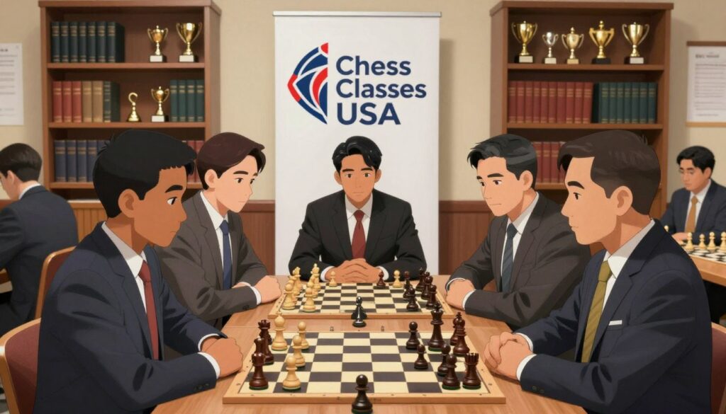 A professional chess club setting, focused on USCF membership. In the foreground, a diverse group of individuals in professional business attire, engaged in a serious discussion over a chessboard, showcasing various chess pieces. The middle ground features a large banner with the logo of "Chess Classes USA," emphasizing the importance of membership for rating updates. Behind them, shelves filled with chess books and trophies create an atmosphere of achievement and dedication. Soft, warm lighting illuminates the scene, casting gentle shadows that enhance the seriousness of the discussions. The angle is slightly above eye level, providing a clear view of the interactions and the symbolic presence of chess culture in a well-organized room. The mood is focused and optimistic, reflecting the growth and development associated with active participation in USCF activities.