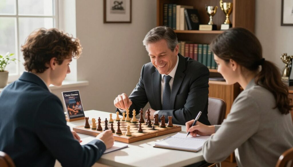 A professional chess coach and a parent sit across from each other at a well-lit table in a cozy, inviting room. The coach, a middle-aged person in professional attire, leans forward with a warm smile, showcasing a chess board filled with various pieces ready for analysis. The parent, dressed in smart casual clothing, holds a notepad, attentively jotting down notes. In the background, a bookshelf filled with chess books and trophies creates an atmosphere of scholarly enthusiasm. Soft, natural lighting streams through a window, casting gentle shadows and enhancing the inviting mood. The overall scene conveys a sense of thoughtful engagement, professionalism, and the importance of finding the right chess mentor. The logo "Chess Classes USA" is subtly visible on a nearby brochure on the table.
