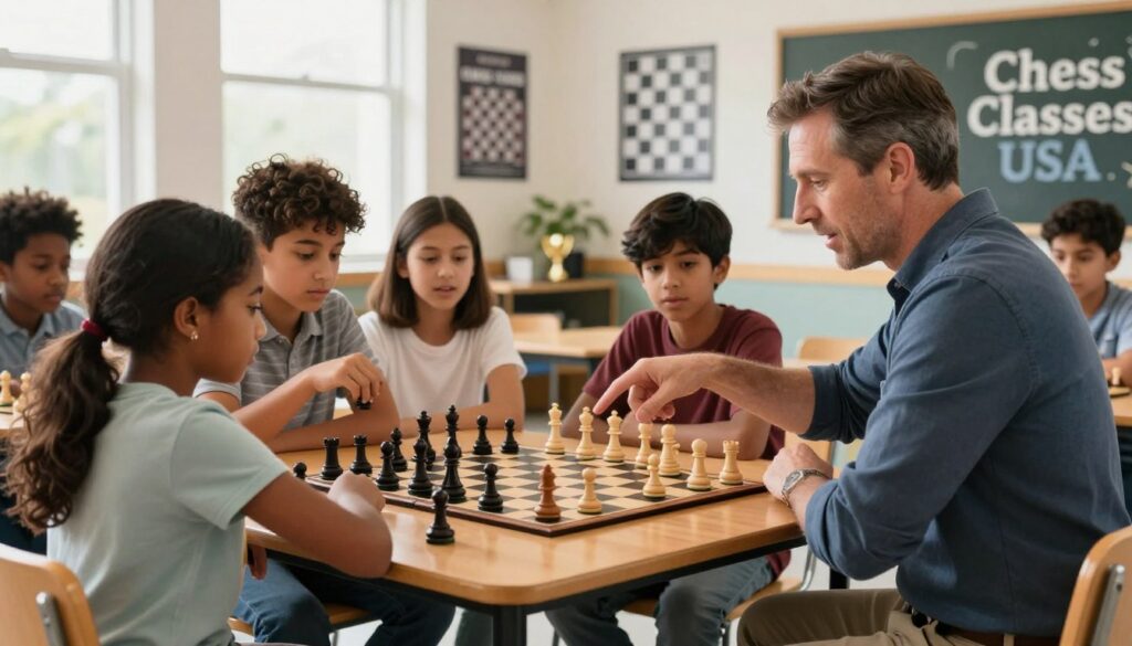 A professional chess coach instructs a diverse group of students around a wooden chess table, showcasing focus and concentration. In the foreground, the coach, a middle-aged Caucasian man in a smart casual outfit, gestures passionately while pointing at a chessboard. The middle area features students of various ethnicities, including a young Black girl and a Hispanic boy, intently studying the board, pieces in hand, all dressed modestly. The background reveals a bright, well-lit classroom adorned with chess motivational posters and trophies. Soft, natural lighting streams through large windows, creating a warm, inspiring atmosphere ideal for learning. The setting conveys an engaging environment for chess coaching under the brand name "Chess Classes USA."