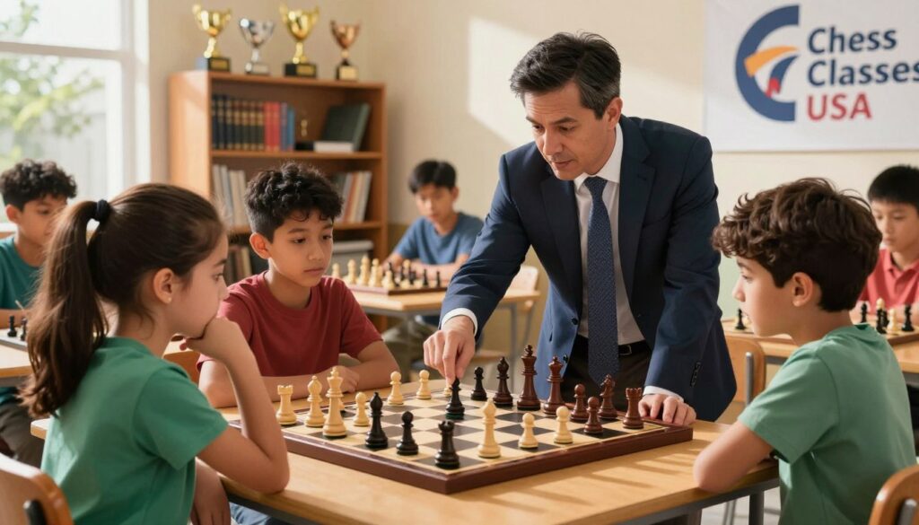 A professional chess coach, wearing a smart business outfit, is instructing a diverse group of students around a chessboard in a well-lit room filled with natural light. In the foreground, a focused young girl carefully contemplates her next move, while a boy looks on with curiosity. The middle ground shows the coach pointing at a strategic move on the board, demonstrating a tactical position. Behind them, shelves filled with chess books and trophies create an inspiring atmosphere. The lighting is warm and inviting, casting soft shadows that enhance the learning environment. The image subtly includes the logo of "Chess Classes USA" on a banner in the background, enhancing the educational theme without being intrusive. The overall mood is one of engagement and enthusiasm for learning, capturing the essence of chess coaching in a vibrant community setting.