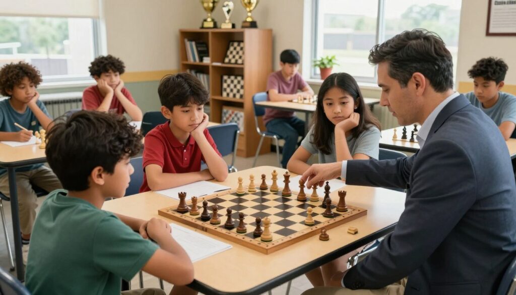 A professional chess coaching scene in a well-lit community center, showcasing a diverse group of engaged students of varying ages gathered around a large chess table. In the foreground, a knowledgeable coach, wearing smart casual attire, is demonstrating a chess strategy, pointing at a sophisticated chessboard with elegant wooden pieces. The middle ground features attentive students, deep in thought, some taking notes. In the background, shelves filled with chess books and trophies display the achievements of "Chess Classes USA". Soft, natural light filters through large windows, creating a warm, inviting atmosphere that fosters mentorship and learning. The angle is slightly elevated to capture the interaction between the coach and students, emphasizing the collaborative spirit of the local chess community.