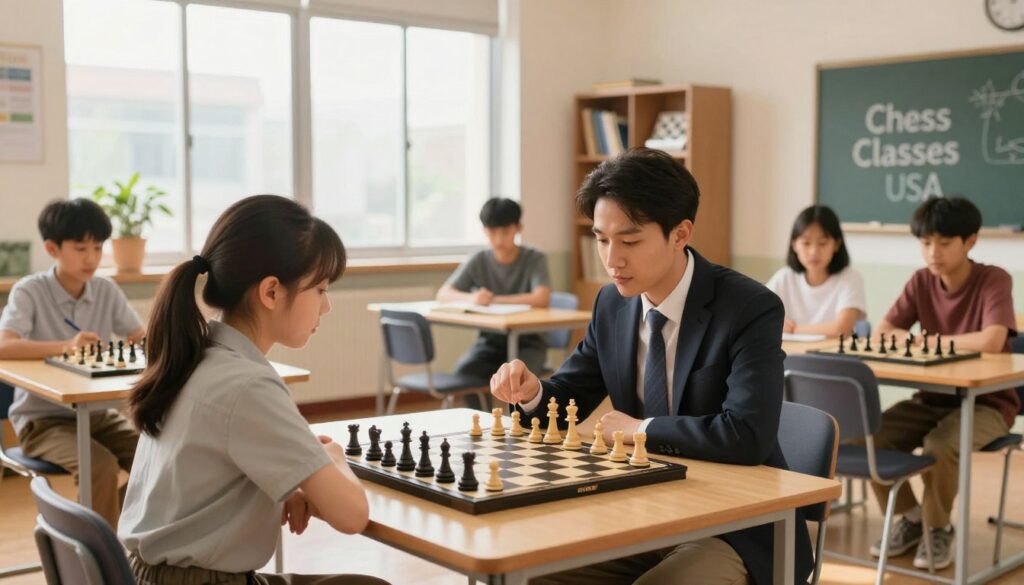 A professional chess coaching session taking place in a bright, modern classroom. In the foreground, a chess coach, dressed in professional business attire, is engaging with an advanced female student, both deeply focused on a chessboard displaying an intense game position. The middle ground features a large window allowing natural light to fill the room, highlighting chess books and resources on a bookshelf. In the background, additional students can be seen observing and taking notes, creating a supportive learning atmosphere. The lighting is soft and warm, suggesting an inspiring mood for growth and strategy, capturing the essence of "Chess Classes USA." Use a wide-angle lens to enhance the feeling of community and collaboration among the players.