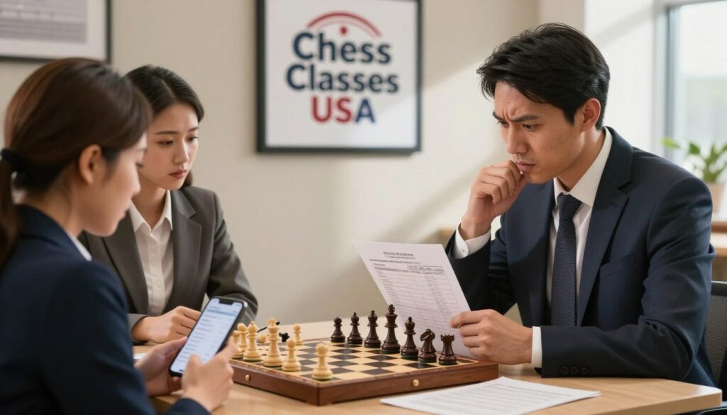A professional chess coaching setting featuring two individuals in discussion. In the foreground, a coach, dressed in smart business attire, is seated at a chess table, reviewing a budget sheet with a concerned expression. Beside him, a parent, also in professional attire, holds a smartphone showing payment transactions. In the middle, an elegant wooden chessboard with a half-finished game showcases the importance of strategy, while a wall behind them displays a framed "Chess Classes USA" logo. The background is softly lit, conveying a warm yet serious atmosphere, with natural light streaming through a window, creating gentle shadows. The focus is sharp on the coach and parent, while the chessboard and surroundings maintain a soft depth of field, highlighting the conversation about financial transparency and ethical practices in coaching. A professional chess coaching setting featuring two individuals in discussion. In the foreground, a coach, dressed in smart business attire, is seated at a chess table, reviewing a budget sheet with a concerned expression. Beside him, a parent, also in professional attire, holds a smartphone showing payment transactions. In the middle, an elegant wooden chessboard with a half-finished game showcases the importance of strategy, while a wall behind them displays a framed "Chess Classes USA" logo. The background is softly lit, conveying a warm yet serious atmosphere, with natural light streaming through a window, creating gentle shadows. The focus is sharp on the coach and parent, while the chessboard and surroundings maintain a soft depth of field, highlighting the conversation about financial transparency and ethical practices in coaching.