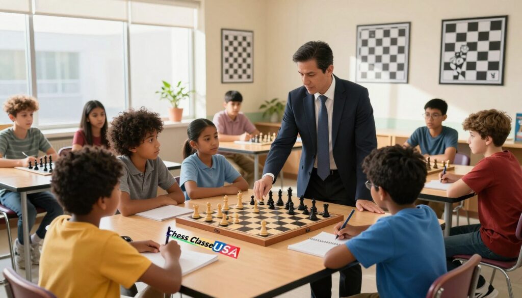 A professional chess instructor, dressed in smart business attire, stands confidently at a chessboard in a bright, well-lit classroom filled with young students, all focused and engaged. In the foreground, the instructor demonstrates a chess strategy with pieces in mid-game. The students, diverse in age and ethnicity, are seated around the table, observing intently, taking notes, and interacting with a colorful curriculum on the table labeled "Chess Classes USA". The classroom has motivational posters about chess strategies on the walls, and natural light streams through large windows, creating a warm and inviting atmosphere. Soft shadows add depth to the scene, emphasizing the dynamic learning environment and the serious yet enthusiastic mood of quality chess instruction. A professional chess instructor, dressed in smart business attire, stands confidently at a chessboard in a bright, well-lit classroom filled with young students, all focused and engaged. In the foreground, the instructor demonstrates a chess strategy with pieces in mid-game. The students, diverse in age and ethnicity, are seated around the table, observing intently, taking notes, and interacting with a colorful curriculum on the table labeled "Chess Classes USA". The classroom has motivational posters about chess strategies on the walls, and natural light streams through large windows, creating a warm and inviting atmosphere. Soft shadows add depth to the scene, emphasizing the dynamic learning environment and the serious yet enthusiastic mood of quality chess instruction.