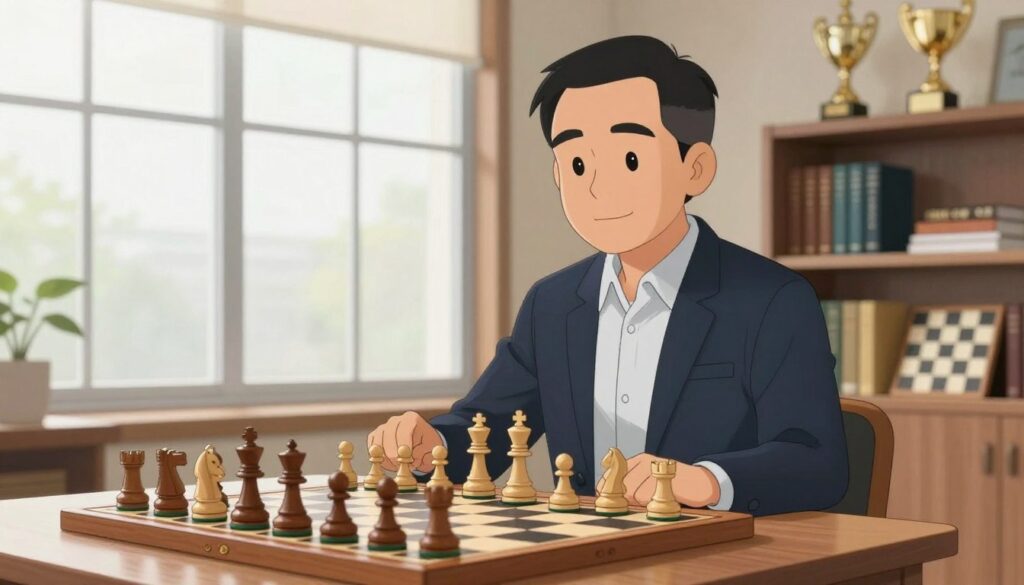A professional chess mentor stands confidently at a chess table in a well-lit room, embodying authority and expertise. The mentor, a middle-aged individual of Asian descent, is dressed in smart casual attire, exuding professionalism and approachability. In the foreground, a classic wooden chess set is meticulously arranged, with pieces in mid-game, emphasizing strategic thought. The middle ground features a large window allowing soft, natural light to flood the space, creating an inviting atmosphere. In the background, shelves filled with chess books and trophies highlight the mentor's experience and dedication. The overall mood is one of focus and inspiration, suggesting a nurturing environment for young learners. Incorporate the branding “Chess Classes USA” subtly within the environment to reflect a professional coaching setting. A professional chess mentor stands confidently at a chess table in a well-lit room, embodying authority and expertise. The mentor, a middle-aged individual of Asian descent, is dressed in smart casual attire, exuding professionalism and approachability. In the foreground, a classic wooden chess set is meticulously arranged, with pieces in mid-game, emphasizing strategic thought. The middle ground features a large window allowing soft, natural light to flood the space, creating an inviting atmosphere. In the background, shelves filled with chess books and trophies highlight the mentor's experience and dedication. The overall mood is one of focus and inspiration, suggesting a nurturing environment for young learners. Incorporate the branding “Chess Classes USA” subtly within the environment to reflect a professional coaching setting.