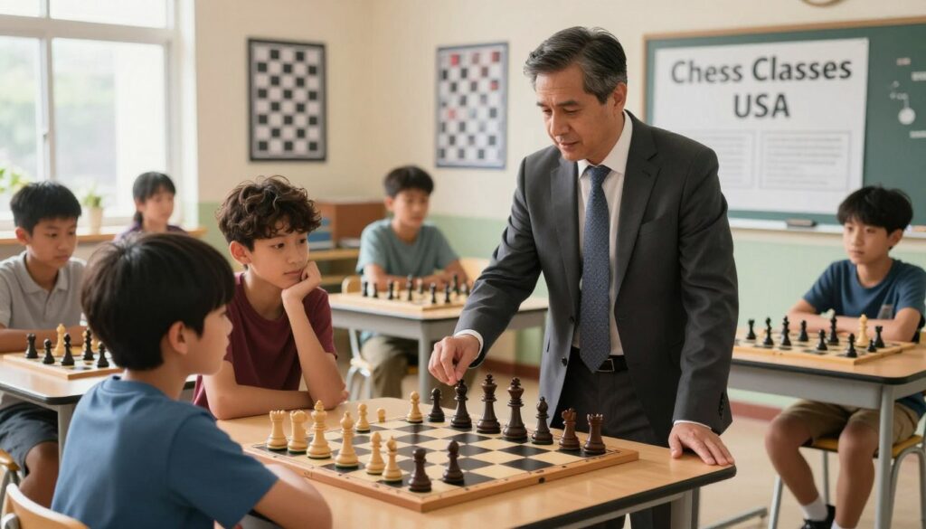 A professional chess mentor stands confidently at a well-organized chess board, demonstrating a complex strategy to an attentive youth. In the foreground, the mentor, a middle-aged individual in a tailored business suit, expresses a focused yet approachable demeanor, fostering a supportive learning environment. The middle ground features a diverse group of young players, seated thoughtfully, with chess pieces positioned to illustrate critical moves. The background includes a bright, inviting classroom adorned with chess posters and a notice for "Chess Classes USA." Soft, natural lighting floods the room, casting gentle shadows, enhancing the feeling of community and focus. The atmosphere is encouraging and professional, highlighting the importance of appropriate boundaries and healthy interactions in chess coaching. A professional chess mentor stands confidently at a well-organized chess board, demonstrating a complex strategy to an attentive youth. In the foreground, the mentor, a middle-aged individual in a tailored business suit, expresses a focused yet approachable demeanor, fostering a supportive learning environment. The middle ground features a diverse group of young players, seated thoughtfully, with chess pieces positioned to illustrate critical moves. The background includes a bright, inviting classroom adorned with chess posters and a notice for "Chess Classes USA." Soft, natural lighting floods the room, casting gentle shadows, enhancing the feeling of community and focus. The atmosphere is encouraging and professional, highlighting the importance of appropriate boundaries and healthy interactions in chess coaching.