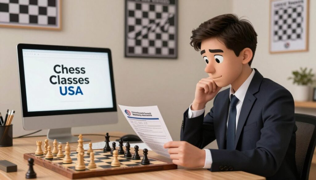 A professional chess player, dressed in a smart suit, sits at a well-organized desk covered with chess pieces and a US Chess membership application. The foreground focuses on the player's thoughtful expression as they review the membership materials. In the middle ground, a computer screen displays the "Chess Classes USA" logo, suggesting online resources available for obtaining the membership. The background features a cozy, well-lit room with a chessboard and motivational chess posters on the walls. Warm lighting casts a welcoming glow, creating an atmosphere of focus and readiness. The image invites viewers to think about the process of becoming a US Chess member, emphasizing professionalism and dedication to the game.