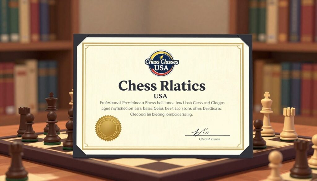 A professional chess rating certificate prominently displayed in the foreground, showcasing the logo of "Chess Classes USA" at the top. The certificate features a gold seal and stylized typography indicating it is an official rating. In the middle ground, a chessboard is visible, with pieces arranged in a strategic position, symbolizing competition and skill. The background features a warm, softly lit room with bookshelves filled with chess literature, creating an atmosphere of study and strategy. The lighting is soft and inviting, casting gentle shadows that enhance the elegance of the scene. Overall, the image conveys a sense of achievement and the serious pursuit of chess mastery, perfectly capturing the essence of obtaining an official chess rating. A professional chess rating certificate prominently displayed in the foreground, showcasing the logo of "Chess Classes USA" at the top. The certificate features a gold seal and stylized typography indicating it is an official rating. In the middle ground, a chessboard is visible, with pieces arranged in a strategic position, symbolizing competition and skill. The background features a warm, softly lit room with bookshelves filled with chess literature, creating an atmosphere of study and strategy. The lighting is soft and inviting, casting gentle shadows that enhance the elegance of the scene. Overall, the image conveys a sense of achievement and the serious pursuit of chess mastery, perfectly capturing the essence of obtaining an official chess rating.