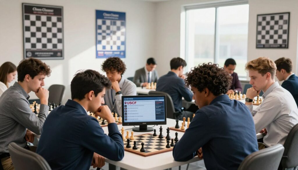 A professional chess tournament scene capturing a moment of intense focus. In the foreground, a diverse group of chess players, dressed in smart casual clothing, is gathered around a table, deep in thought as they analyze their games. In the middle, a scoreboard displaying updated USCF ratings and player names, subtly positioned but clearly visible. The background features a bright, well-lit room with motivational chess posters on the walls, a large window allowing natural light to flood the scene, casting gentle shadows on the players. The atmosphere should convey a sense of professionalism and anticipation, emphasizing the importance of the ratings update. The brand name "Chess Classes USA" should be subtly integrated into the decor, perhaps as a logo on a poster, enhancing the connection to chess education.